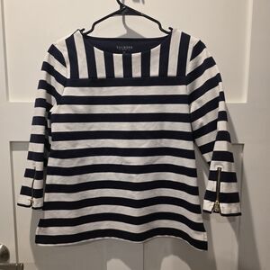 Talbots Womens Blue & White Striped Top Nautical Gold Zippered Cuff MP Old Money